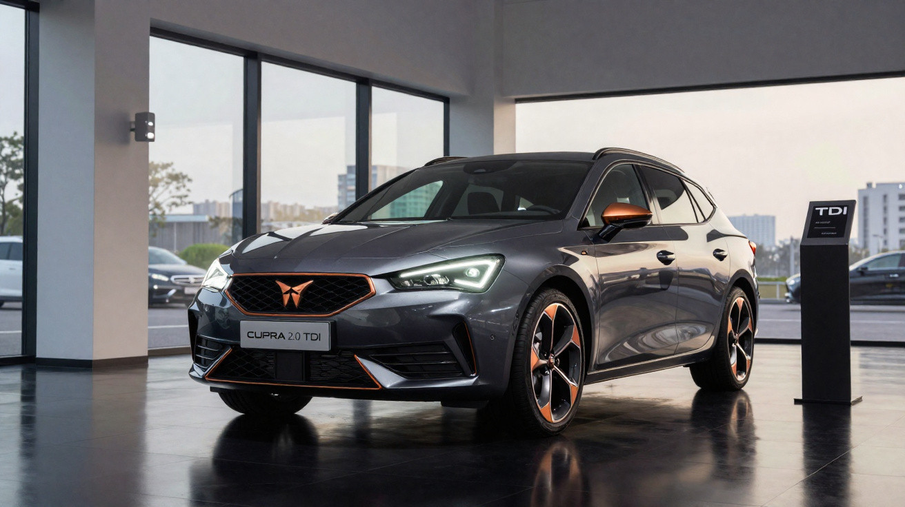 Carro cinza Cupra 2.0 TDI exibido em showroom com detalhes em cobre e rodas esportivas.