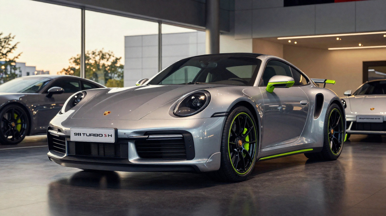 Carro esportivo Porsche 911 Turbo S prata com detalhes verdes em showroom moderno.