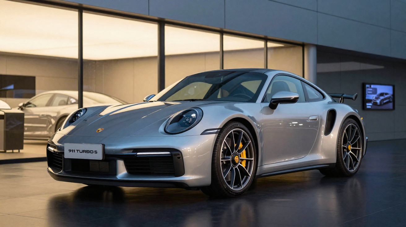 Carro esportivo prata Porsche 911 Turbo S em exibição dentro de showroom moderno.