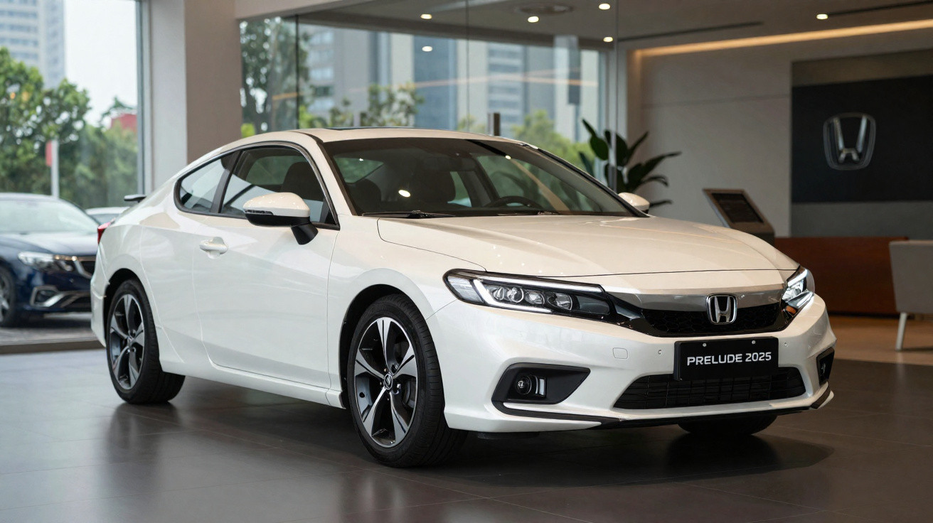 Carro branco Honda Prelude 2025 exibido em showroom com design moderno e rodas esportivas.