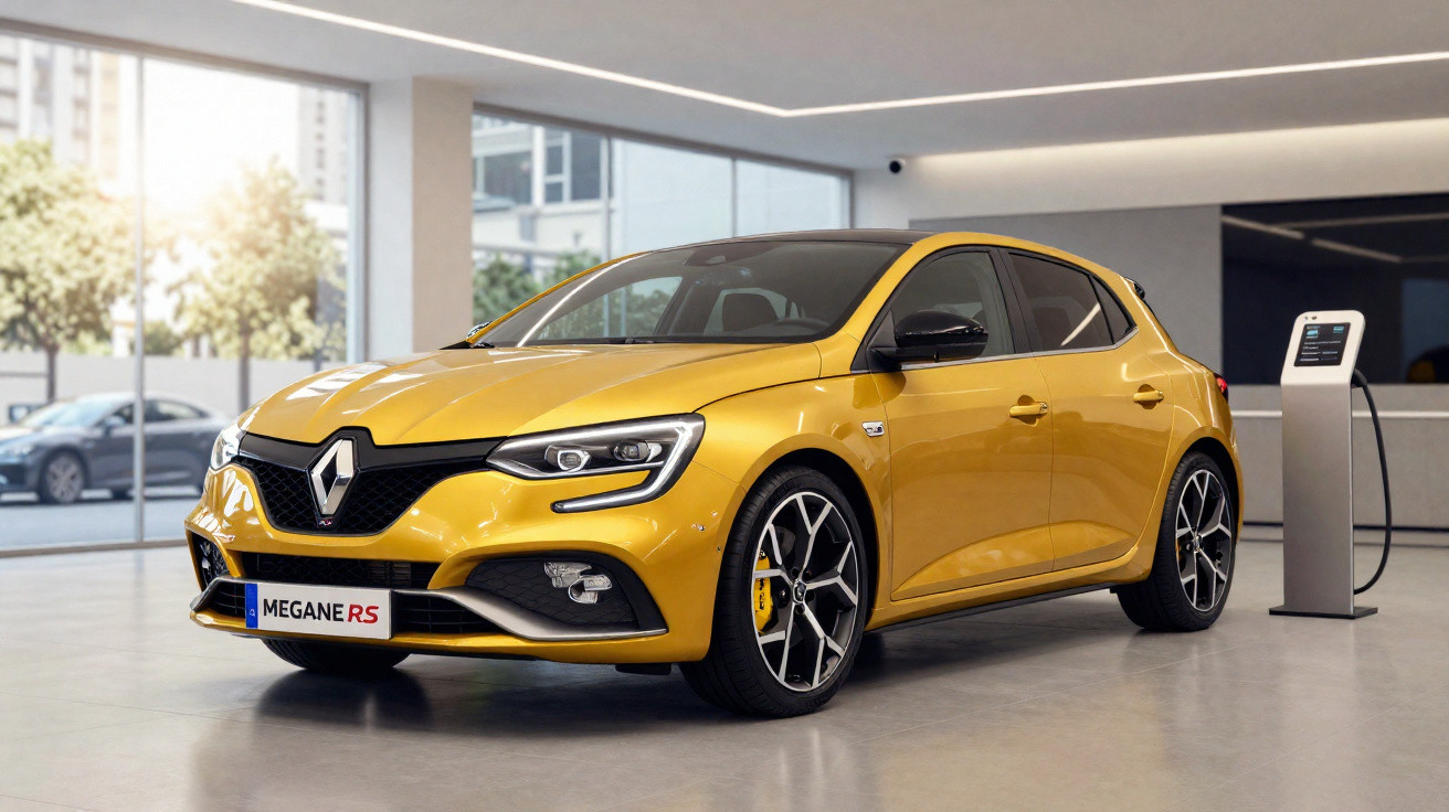 Carro Renault Megane RS amarelo estacionado em showroom moderno com piso cinza e área de carregamento elétrico.