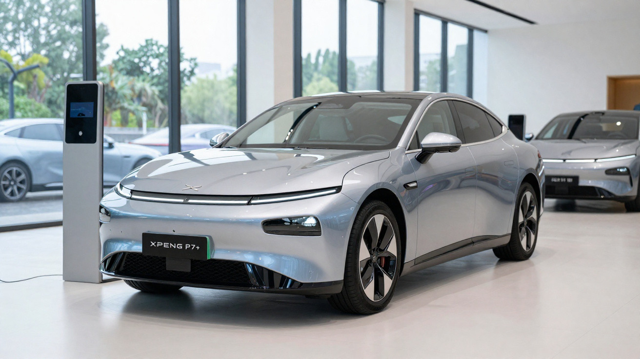 Carro elétrico prata XPeng P7+ exibido em showroom moderno com paredes de vidro e outros veículos ao fundo.