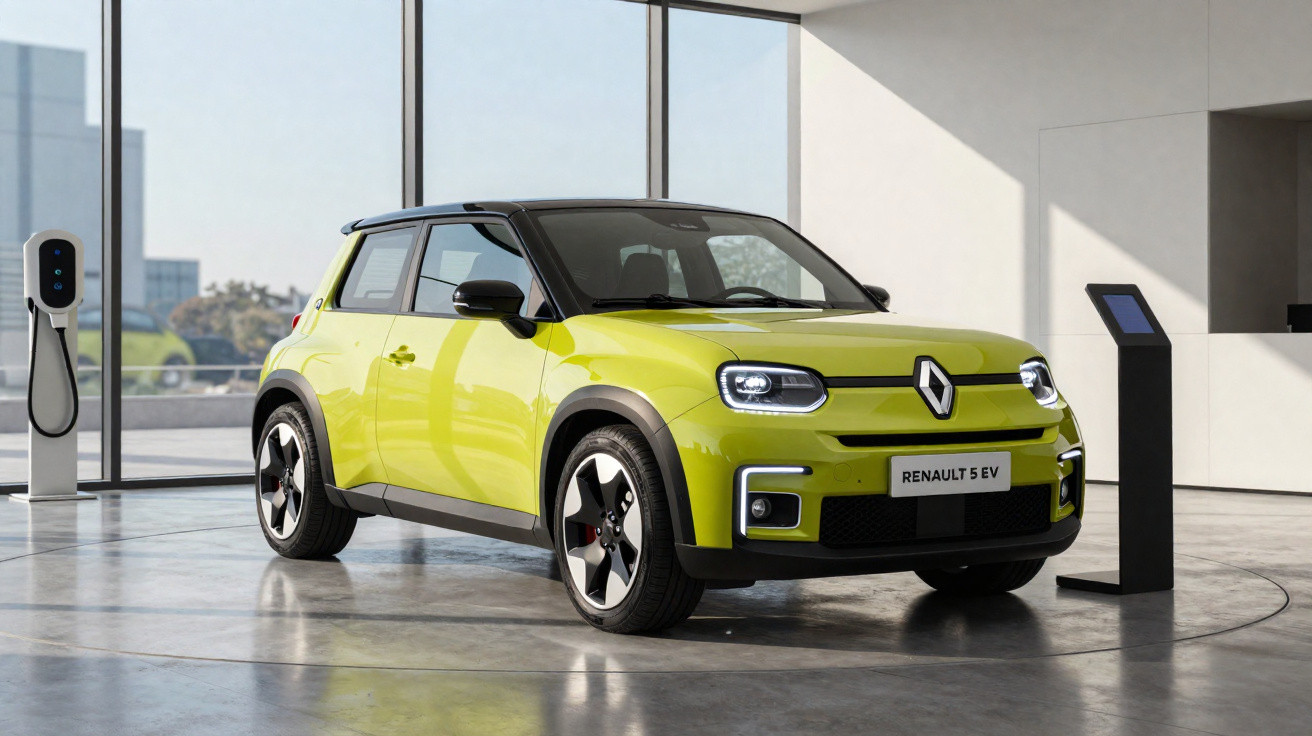 Carro elétrico Renault 5 EV verde em sala moderna com estação de recarga e terminal ao lado.
