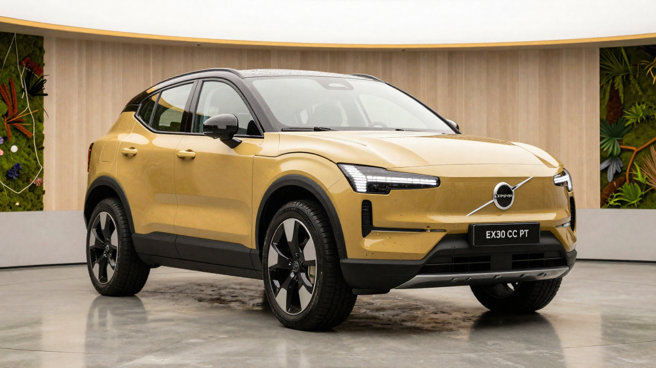 Carro SUV elétrico Volvo EX30 cor dourada estacionado em ambiente interno moderno e sofisticado.