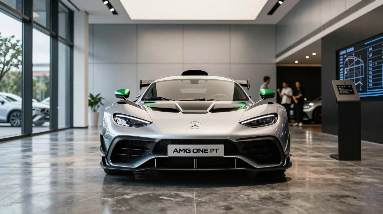 Carro esportivo Mercedes AMG One PT prata exibido em showroom moderno com piso de mármore.
