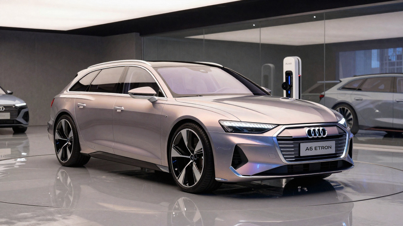 Audi A6 e-tron prata em exposição com estação de recarga elétrica em ambiente moderno.