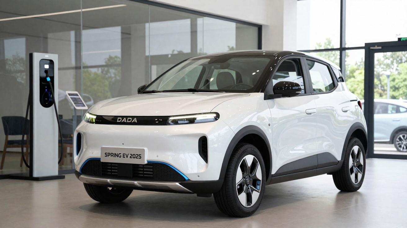 Carro elétrico branco Dada Spring EV 2025 em exposição ao lado de carregador em ambiente interno.