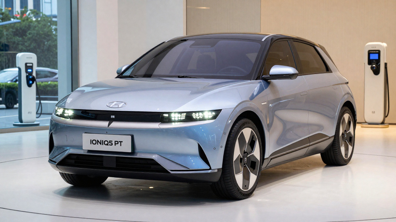 Carro elétrico Hyundai Ioniq 5 PT prateado em exposição com postes de recarga ao fundo.