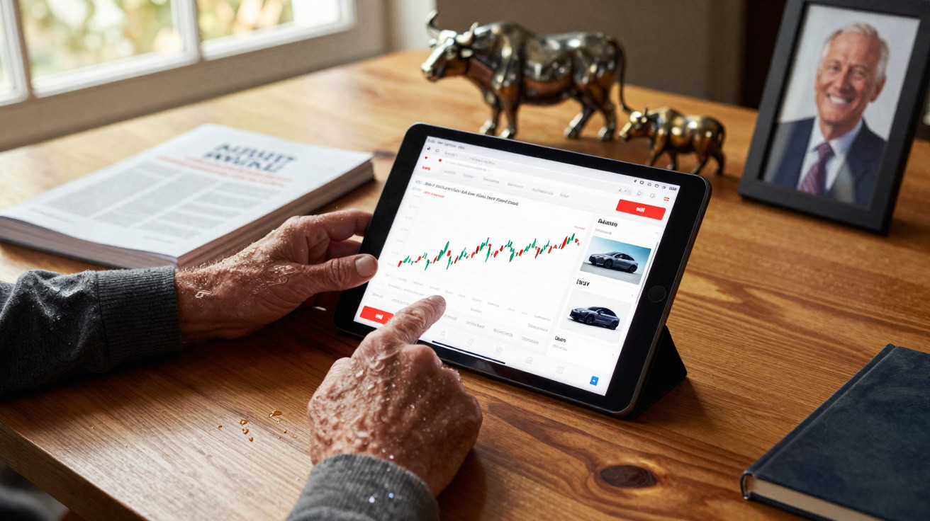 Pessoa idosa analisando gráfico financeiro em tablet sobre mesa de madeira com esculturas e foto ao fundo.