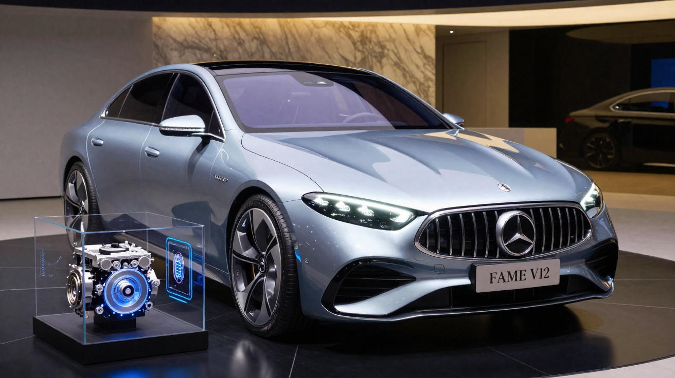 Carro Mercedes-Benz FAME V12 prata exibido em showroom moderno com motor em vitrine ao lado.