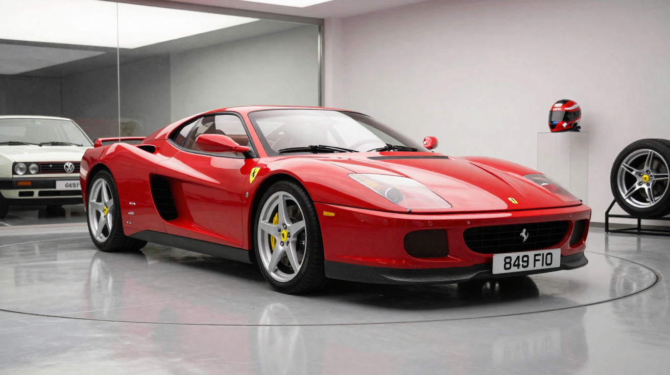 Carro esportivo Ferrari vermelho estacionado em ambiente interno moderno e espelhado.