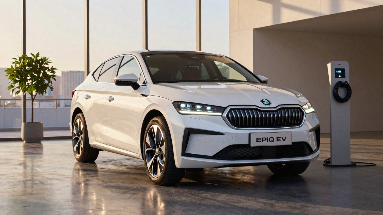 Carro elétrico branco Škoda Epiq EV estacionado ao lado de poste de carregamento em ambiente interno moderno.
