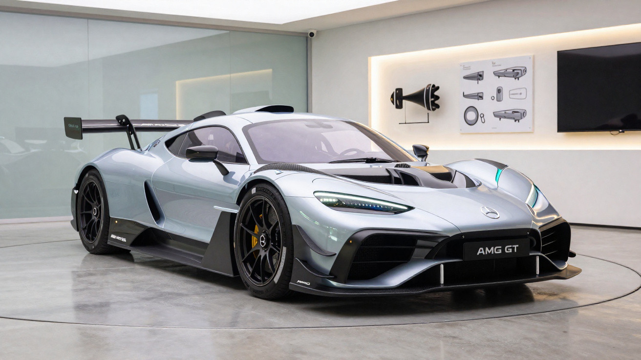 Carro esportivo Mercedes-AMG GT cinza estacionado em sala de exposição moderna e iluminada.