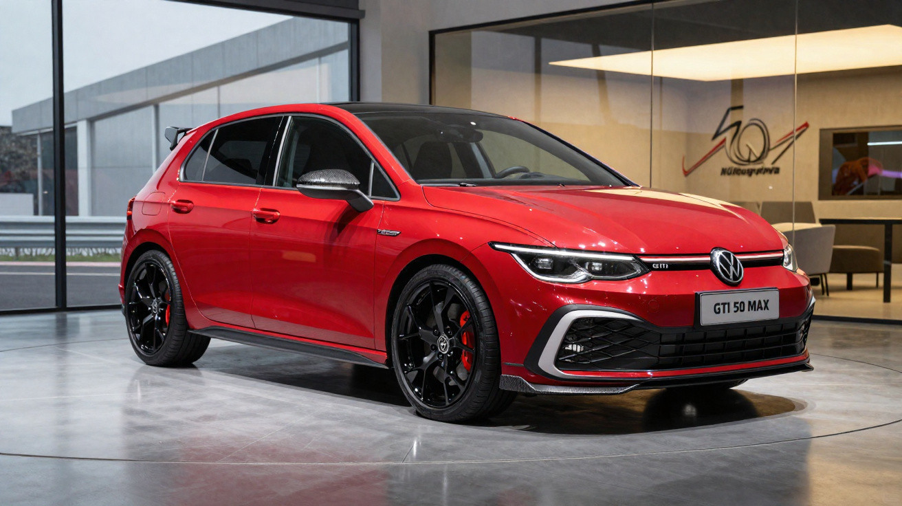 Carro esportivo vermelho Volkswagen GTI 50 MAX estacionado em ambiente interno moderno.