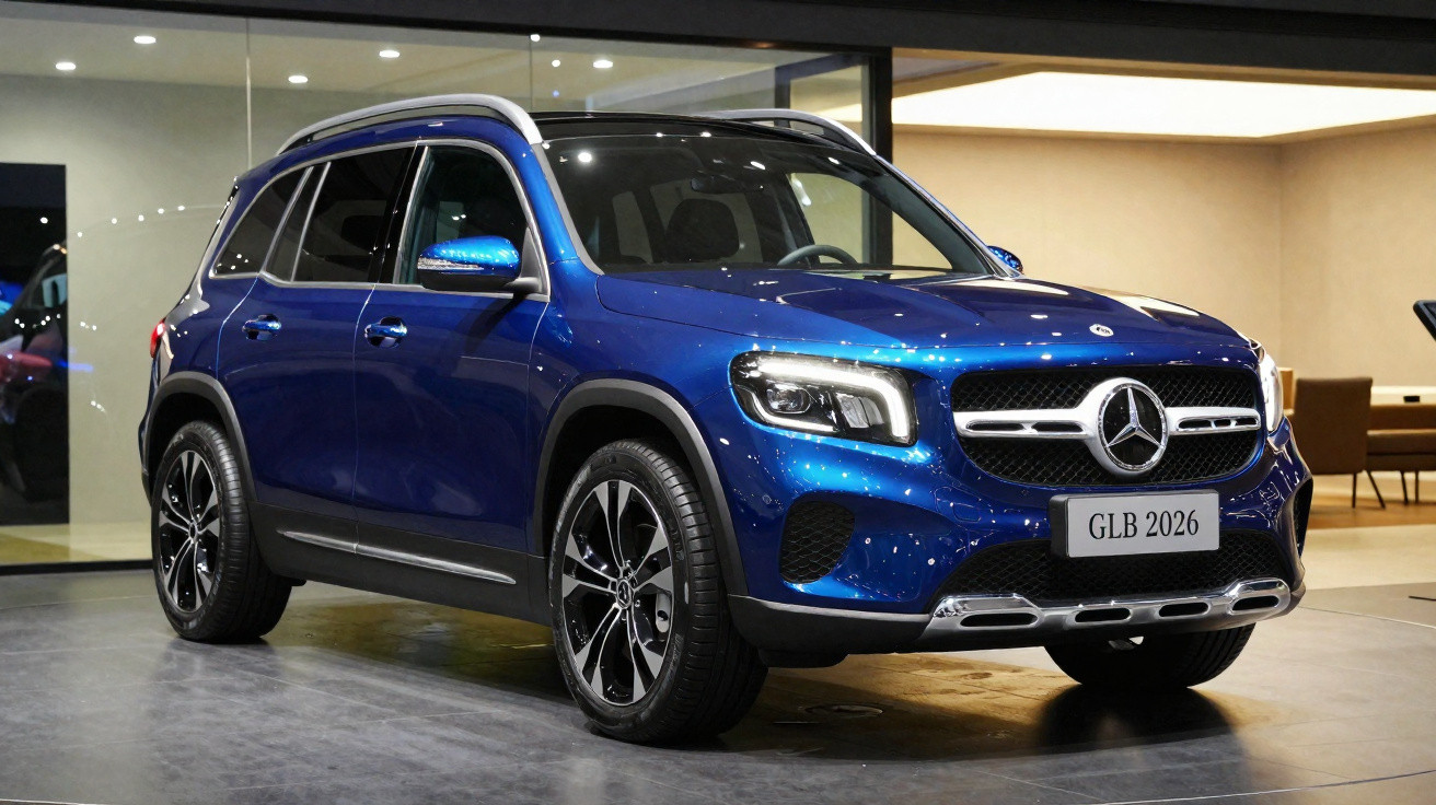SUV Mercedes-Benz GLB 2026 azul estacionado em ambiente interno com luz ambiente amarela.
