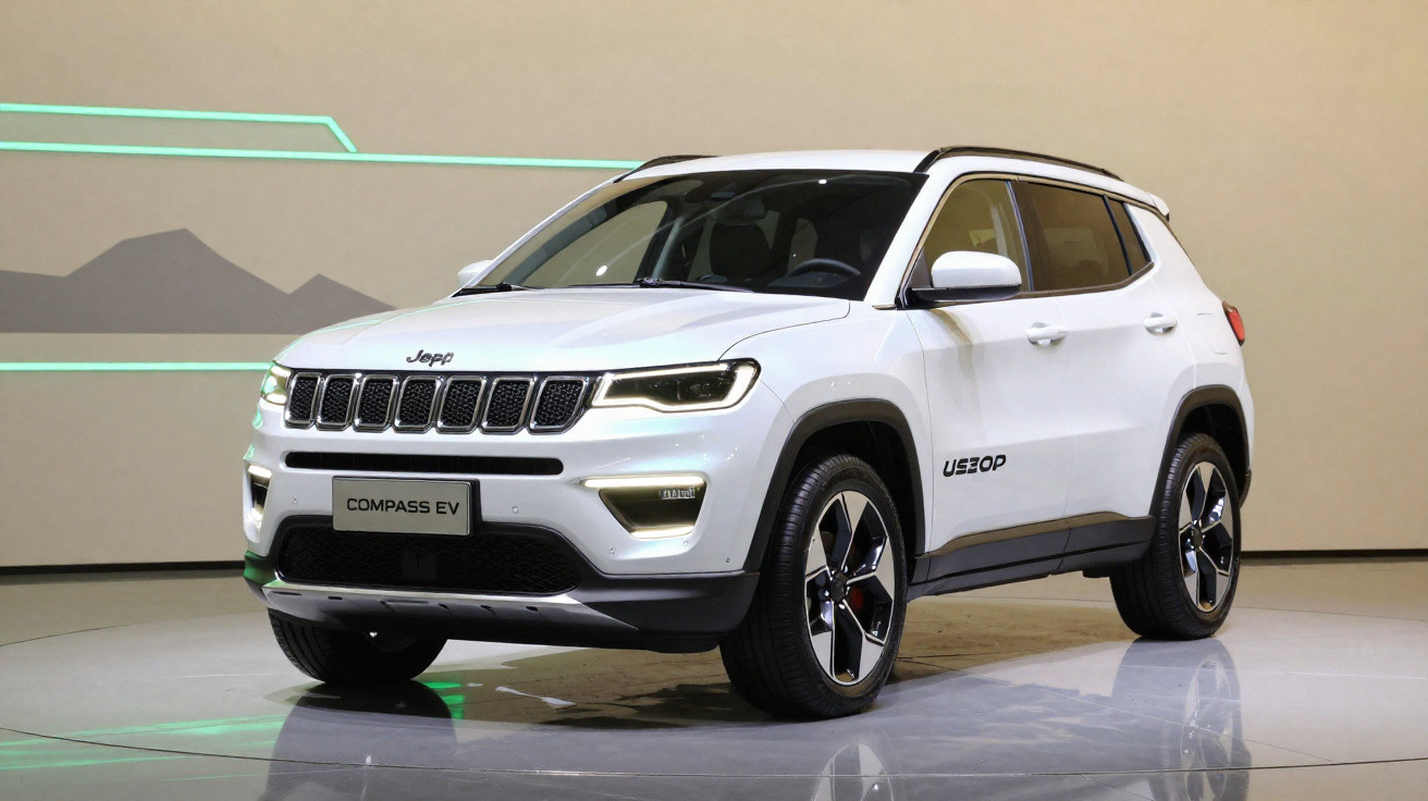 SUV branco Jeep Compass EV exibido em estande com fundo bege e detalhes em verde.