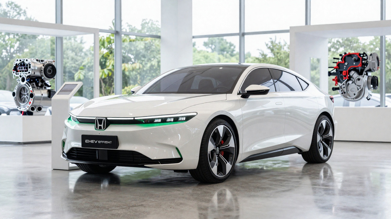 Carro elétrico branco Honda E:HEV Effient exposto em showroom moderno com peças de motor ao fundo.