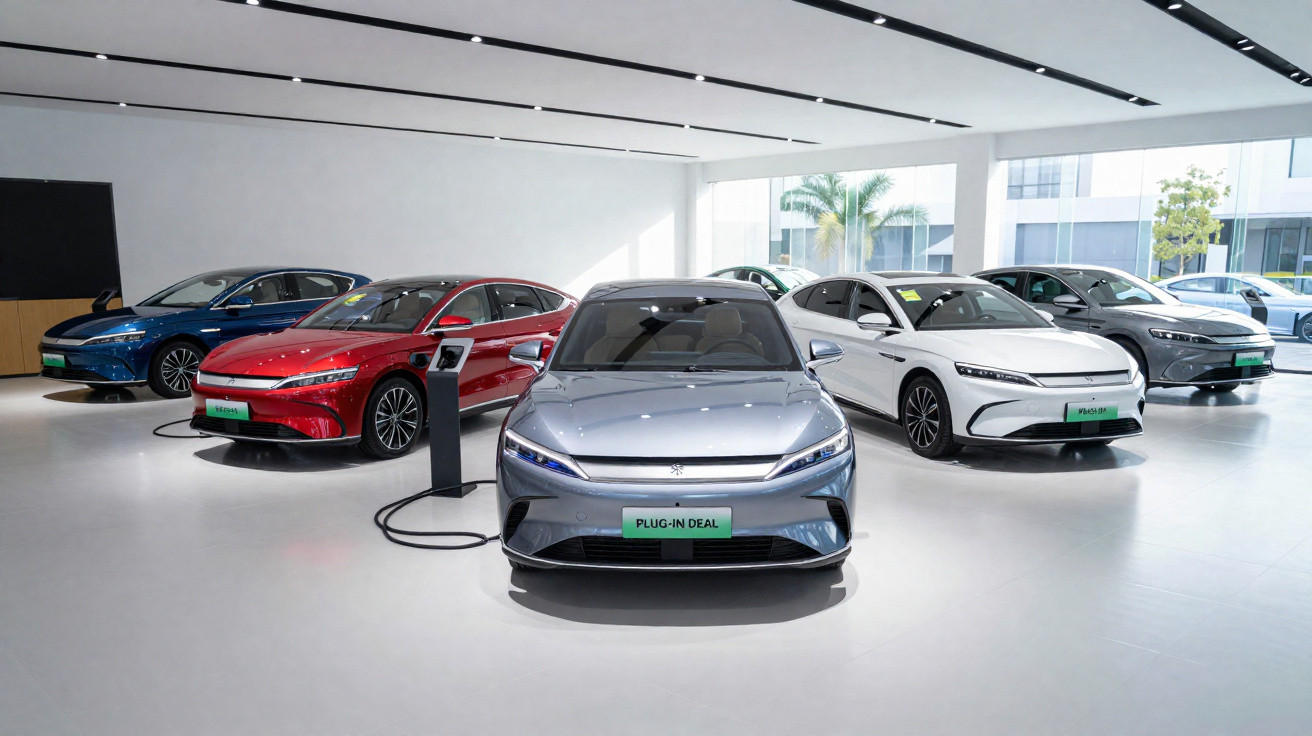Showroom moderno com cinco carros elétricos plug-in em cores variadas, sendo eles prata, branco, vermelho, azul e cinza.