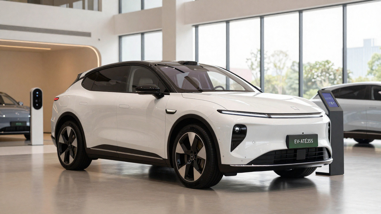 Carro elétrico branco em showroom com design moderno e teto preto contrastante.