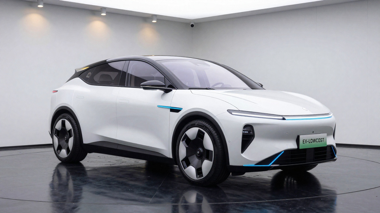 Carro elétrico branco em estúdio moderno com design aerodinâmico e detalhes azuis.