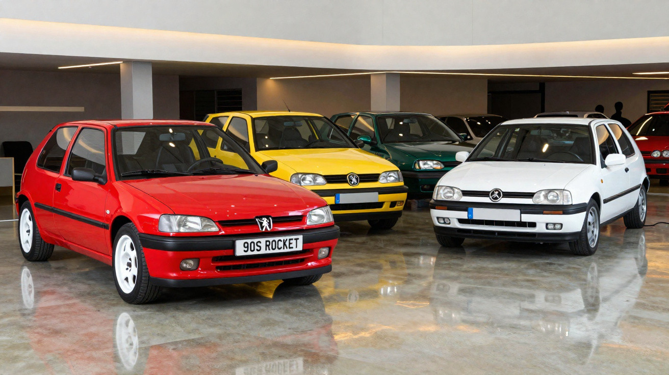 Diversos carros Peugeot dos anos 1990 expostos em showroom com piso brilhante.