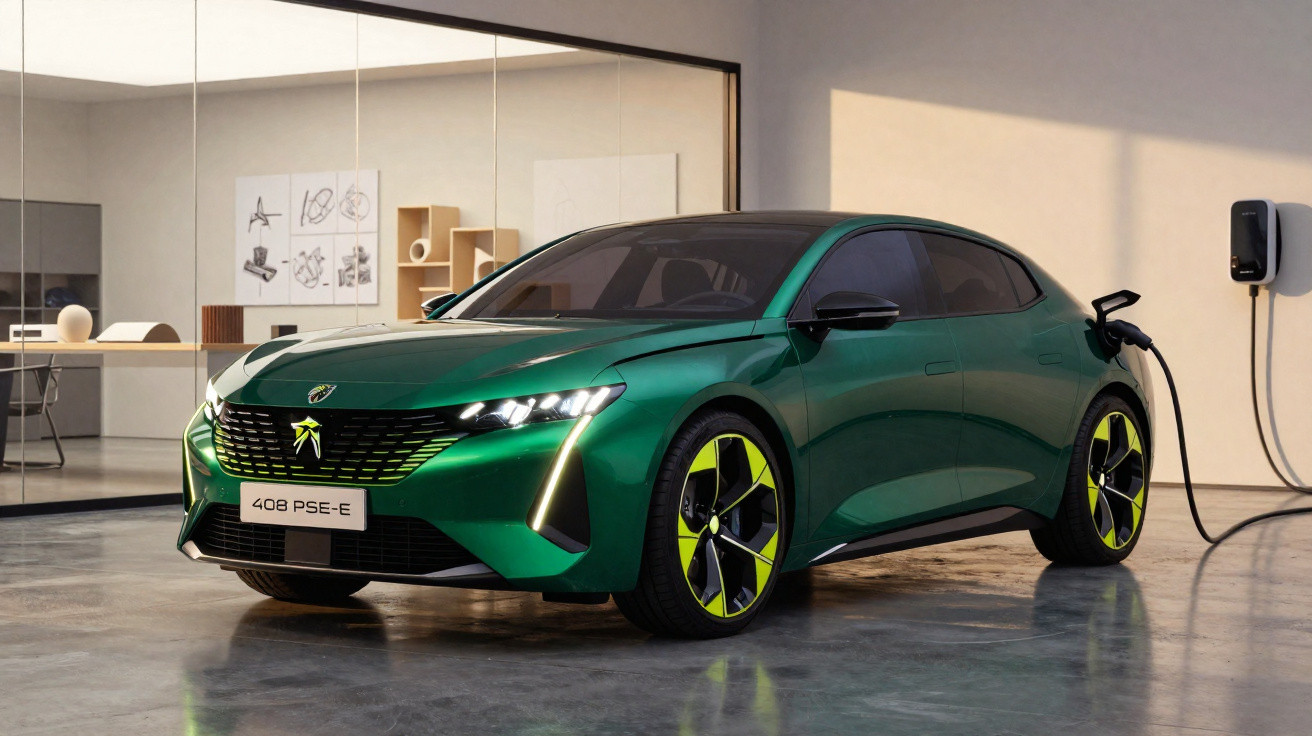 Carro elétrico verde modelo 408 PSE-E sendo recarregado em tomada na parede de garagem moderna.