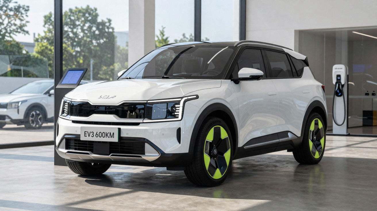 Carro elétrico branco com detalhes verdes nos pneus exibido em showroom moderno com carregador ao fundo.