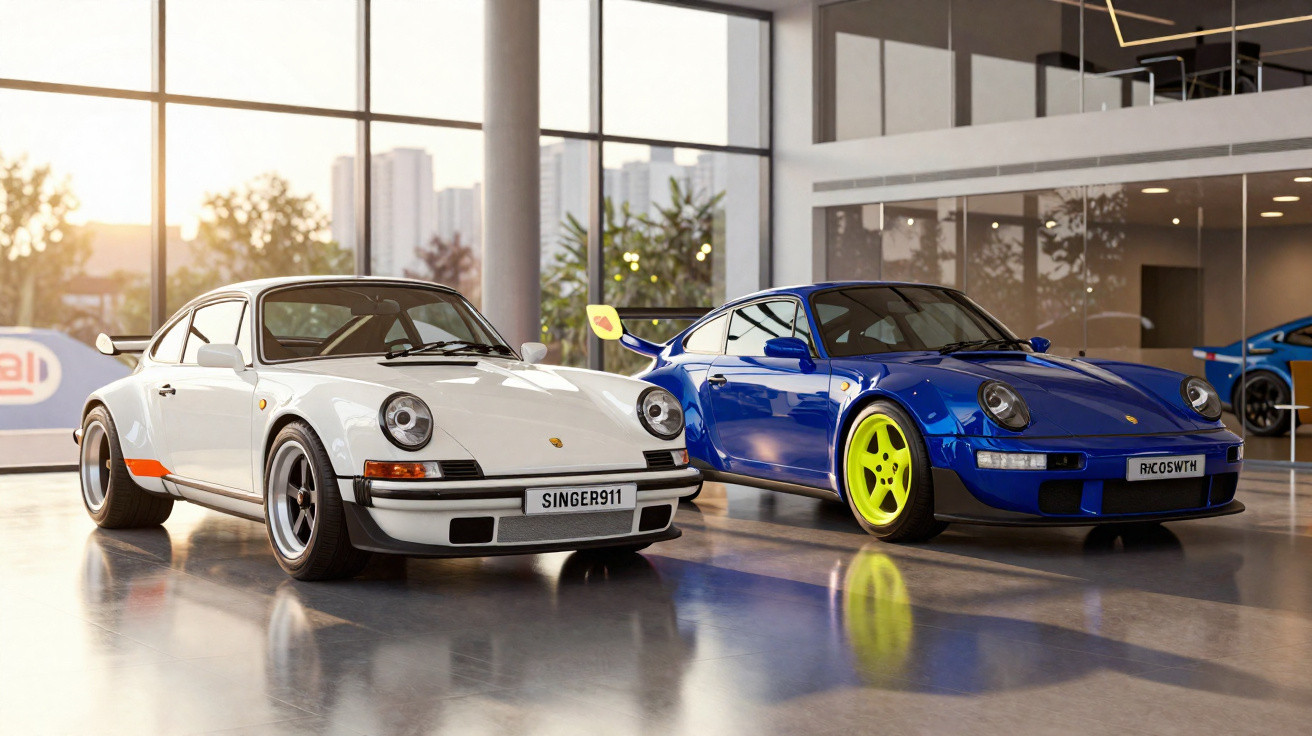 Dois carros esportivos Porsche antigos, um branco e outro azul, em showroom moderno com janelas grandes.