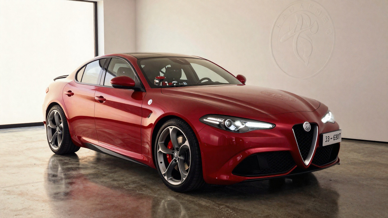 Carro esportivo Alfa Romeo Giulia vermelho estacionado em piso refletivo dentro de ambiente fechado.