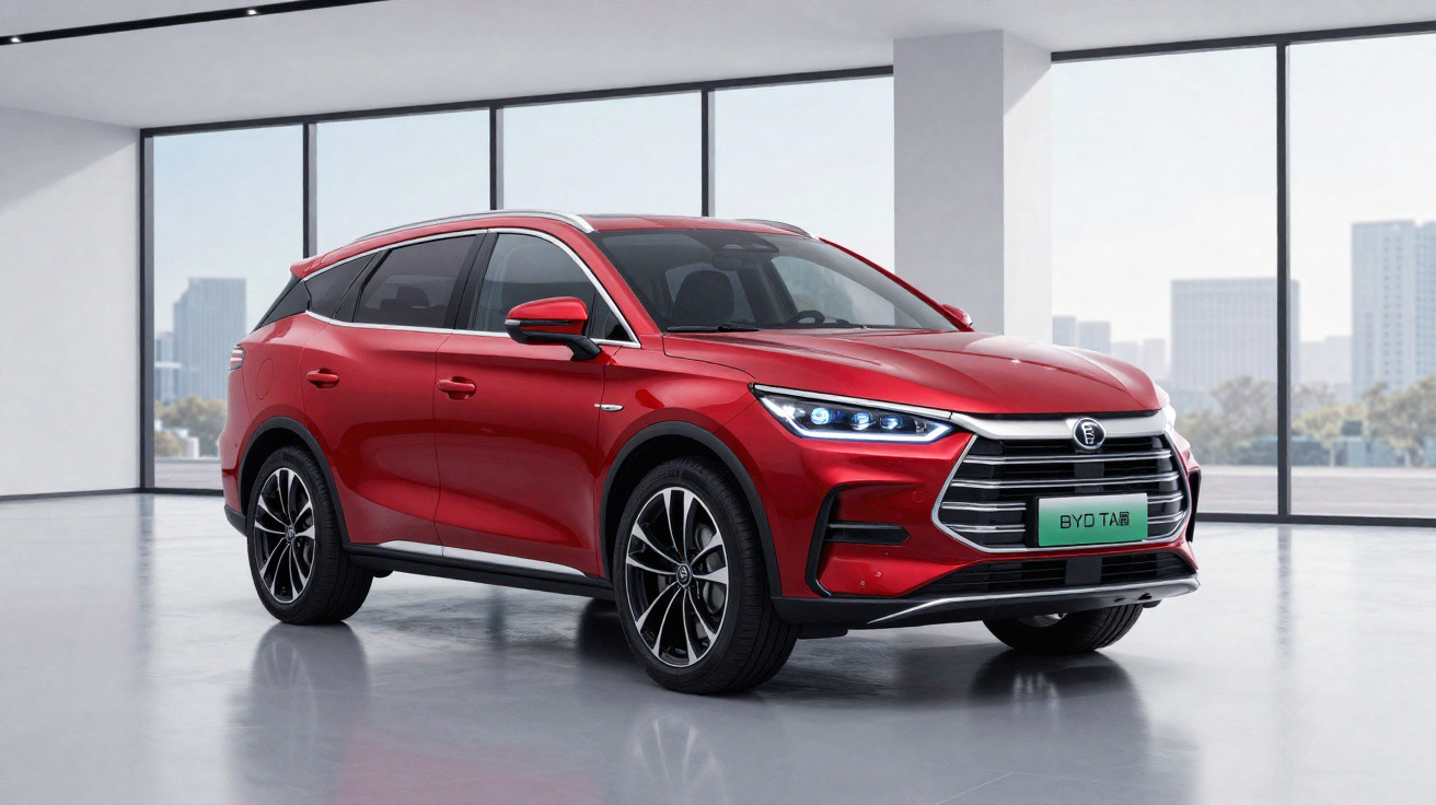 Carro SUV vermelho moderno estacionado em ambiente interno com janelas grandes e vista urbana ao fundo.