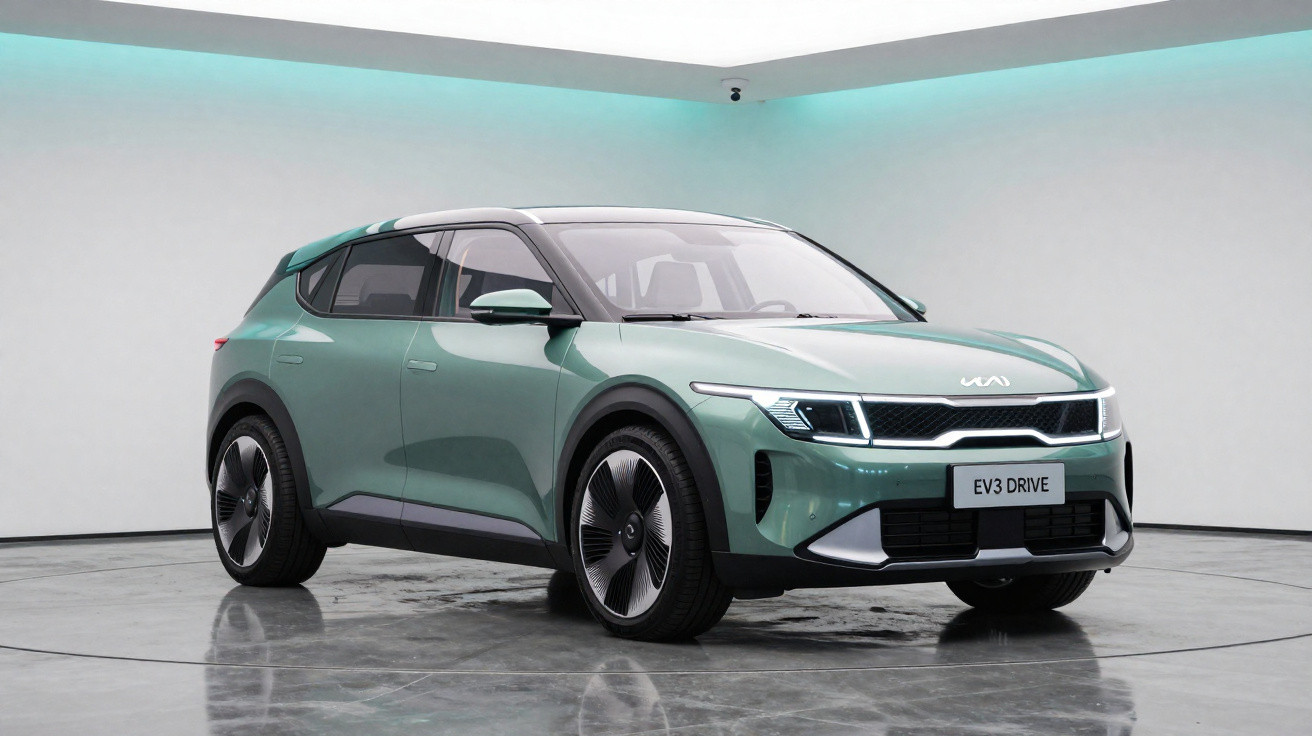 Carro elétrico Kia EV3 Drive verde em estúdio com iluminação branca e azul.