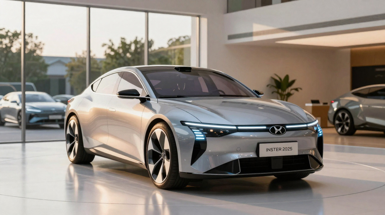 Carro elétrico prata moderno INSTER 2025 exibido em showroom com iluminação natural e vidro ao fundo.