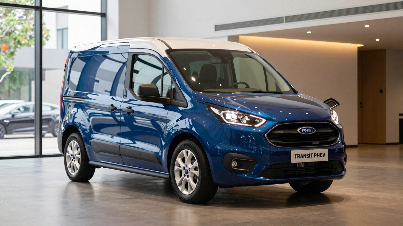 Van azul Ford Transit PHEV estacionada em ambiente interno moderno e iluminado.