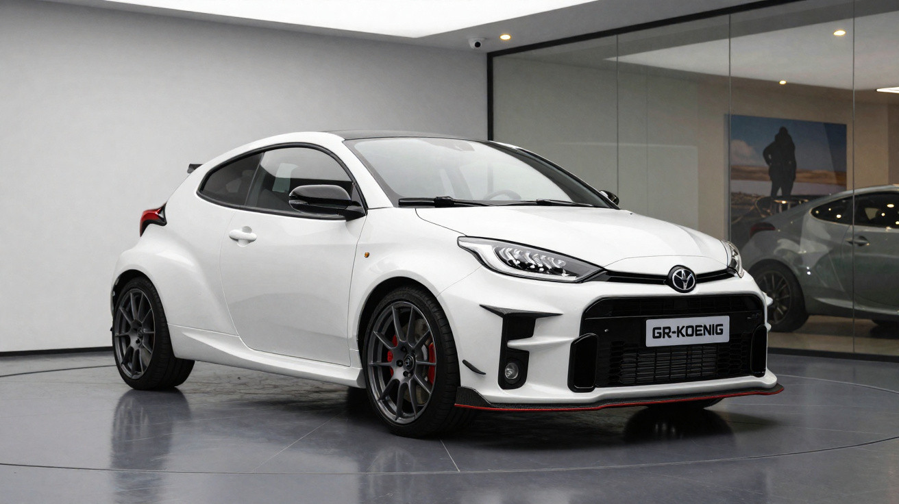 Carro esportivo branco Toyota GR Koenig estacionado em ambiente interno com piso cinza e paredes claras.