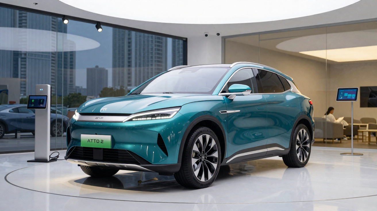 Carro elétrico verde Atto 2 exibido em showroom moderno com paredes de vidro e painel de carregamento.