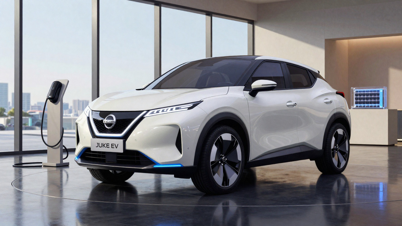 Carro elétrico Nissan Juke EV branco estacionado em showroom moderno com estação de recarga.