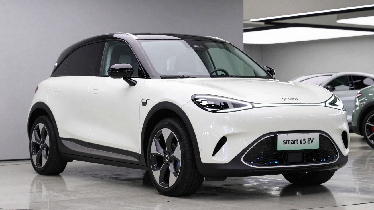 Carro elétrico Smart #5 EV branco com teto preto em showroom moderno e iluminado.
