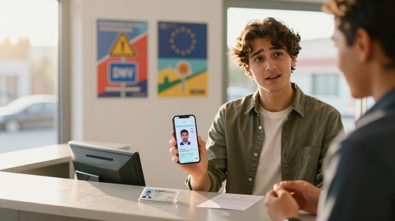 Jovem mostra documento digital em celular para atendente em balcão de serviço.