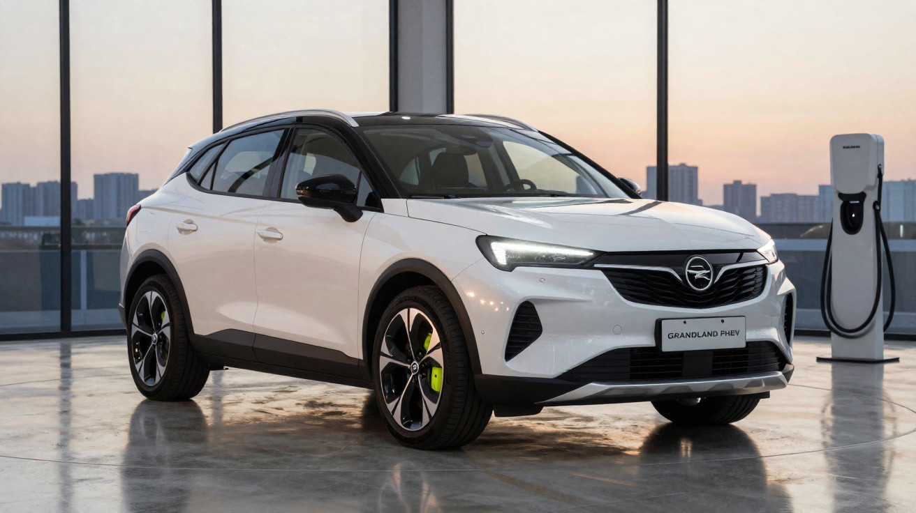 Carro SUV branco elétrico Opel Grandland PHEV estacionado próximo a carregador em ambiente interno.