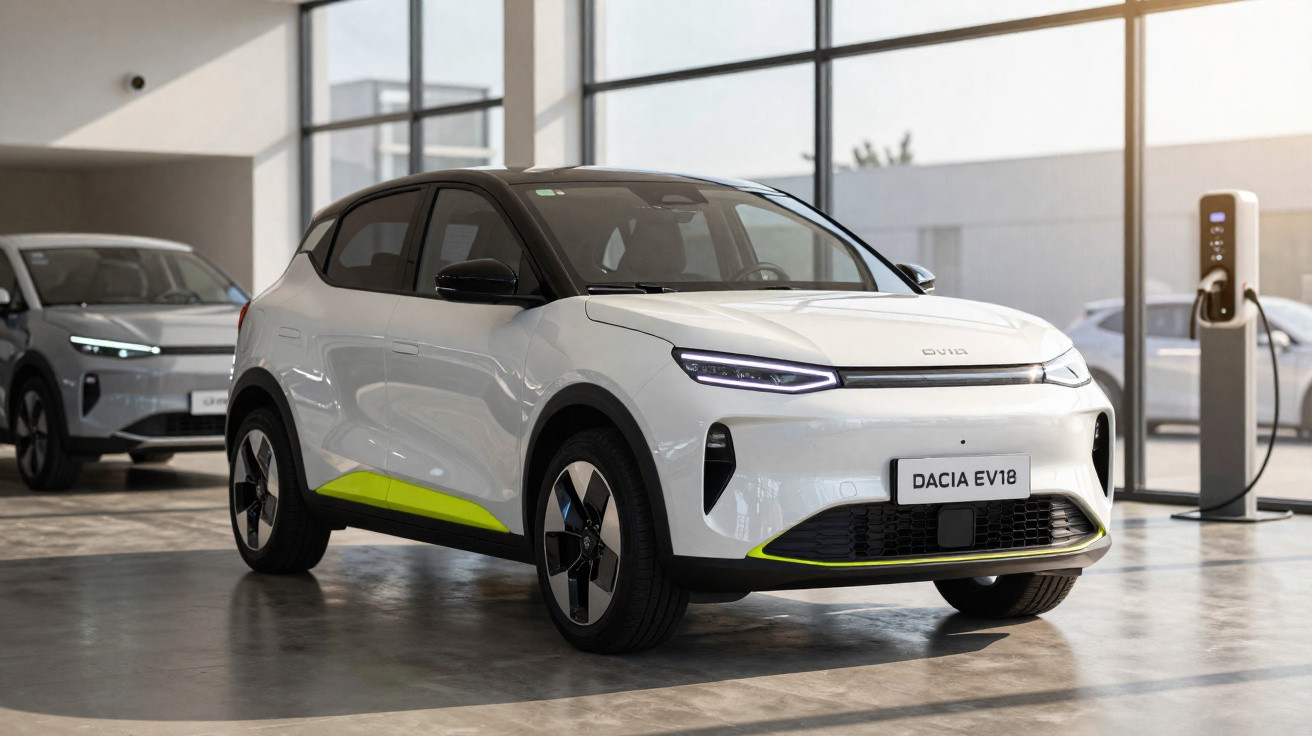 Carro elétrico branco Dacia EV18 em showroom moderno com carregador elétrico ao lado.