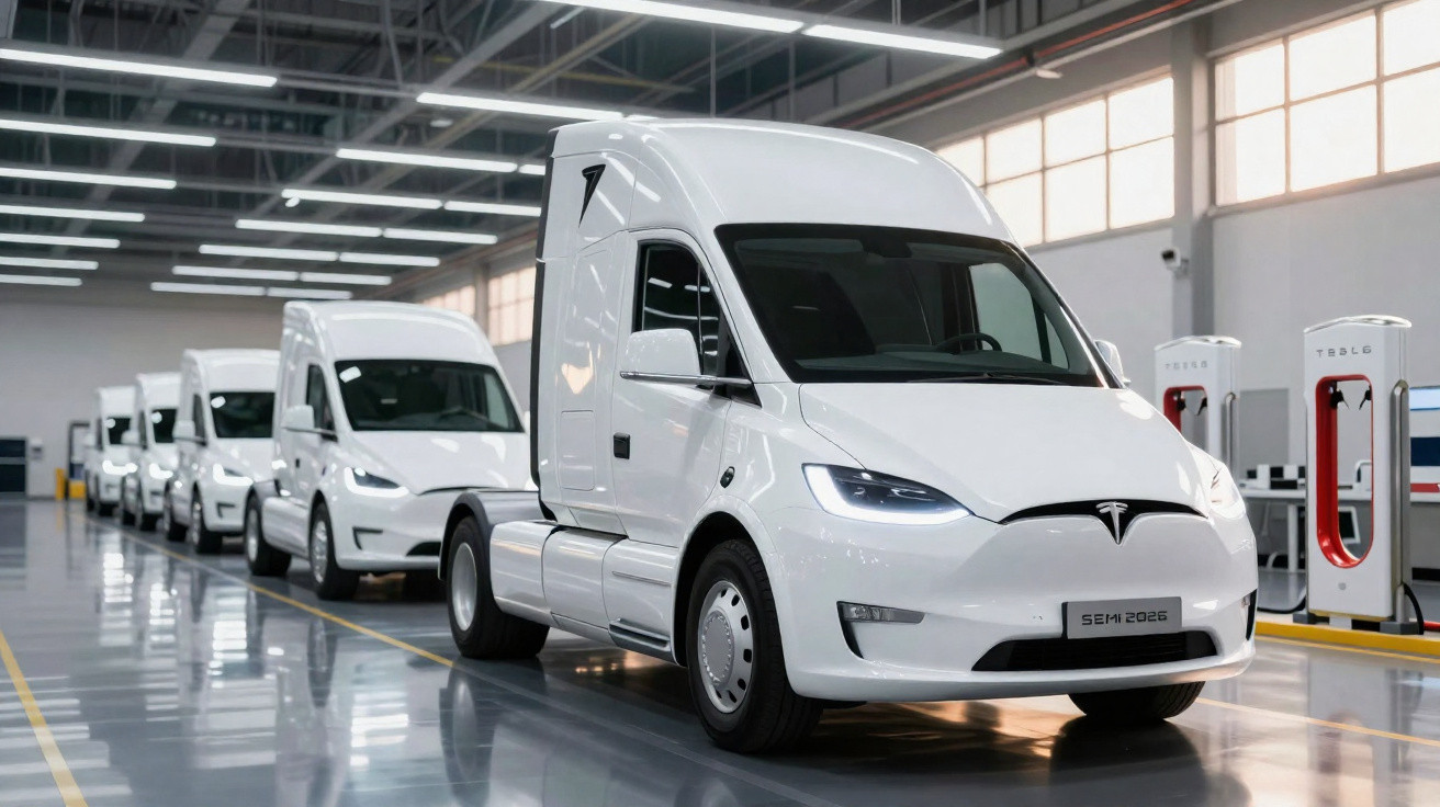 Caminhões elétricos Tesla Semi 2026 brancos alinhados em fila dentro de galpão iluminado.