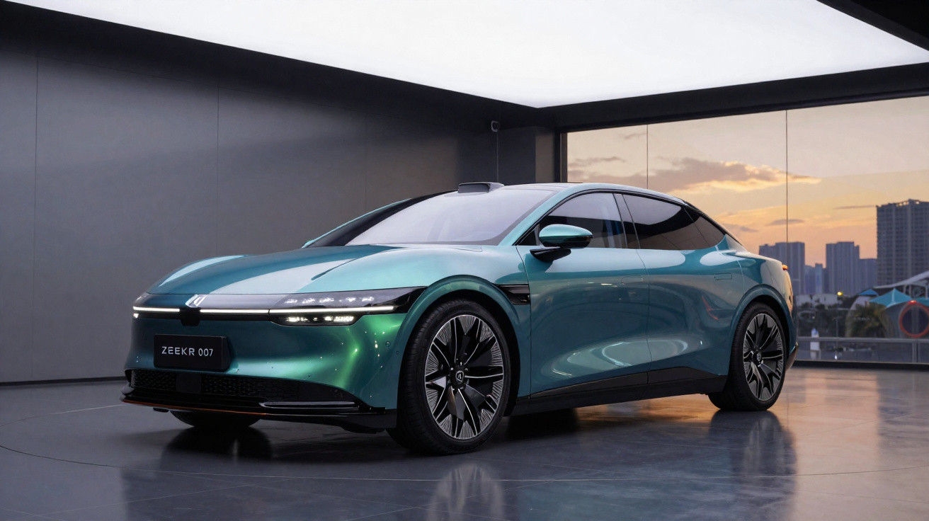 Carro elétrico esportivo Zeekr 007 verde em ambiente fechado com cidade ao fundo ao entardecer.