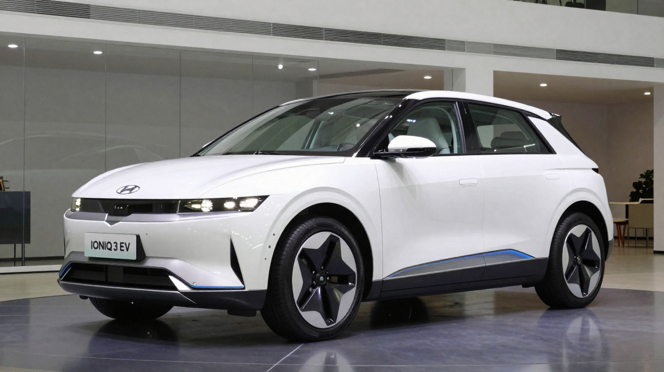 Carro elétrico branco Hyundai Ioniq 3 EV em exposição interna com design moderno e rodas aerodinâmicas.