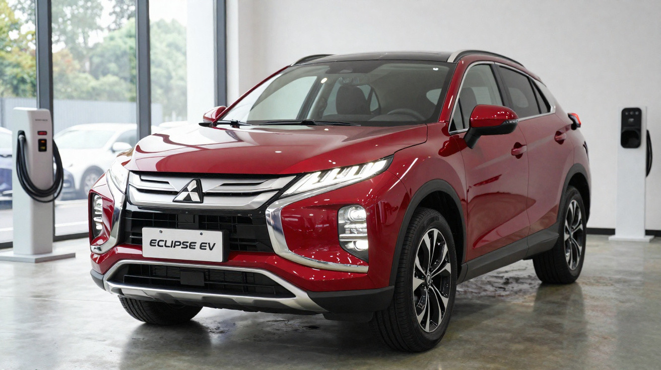 Carro SUV elétrico vermelho Mitsubishi Eclipse EV estacionado em ambiente interno de showroom.