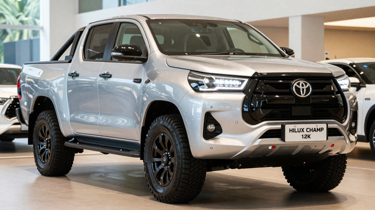 Picape Toyota Hilux Champ 12K prata exibida em showroom moderno e iluminado.