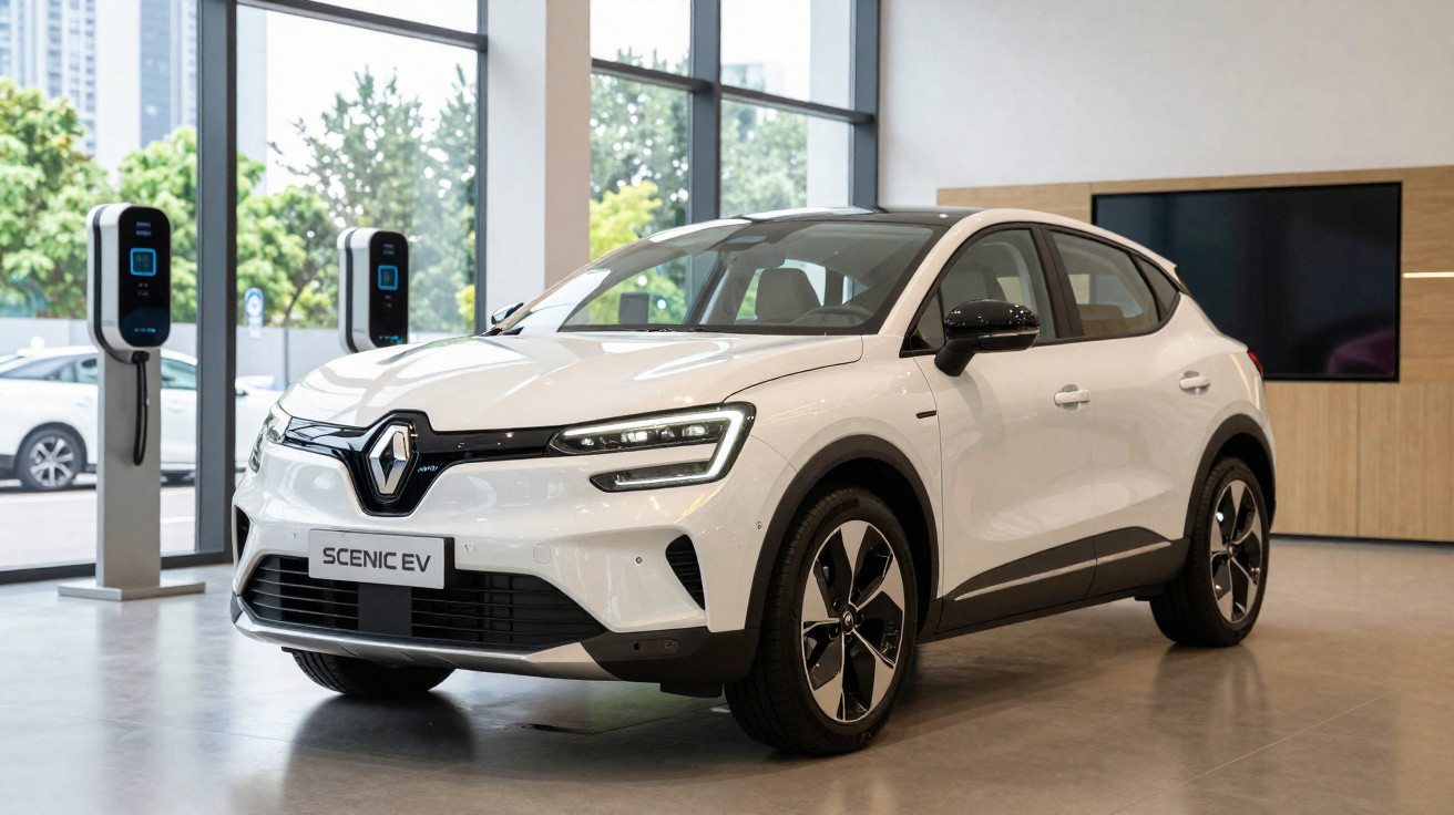 Carro elétrico branco Renault Scenic EV em exposição interna próximo a dois carregadores.