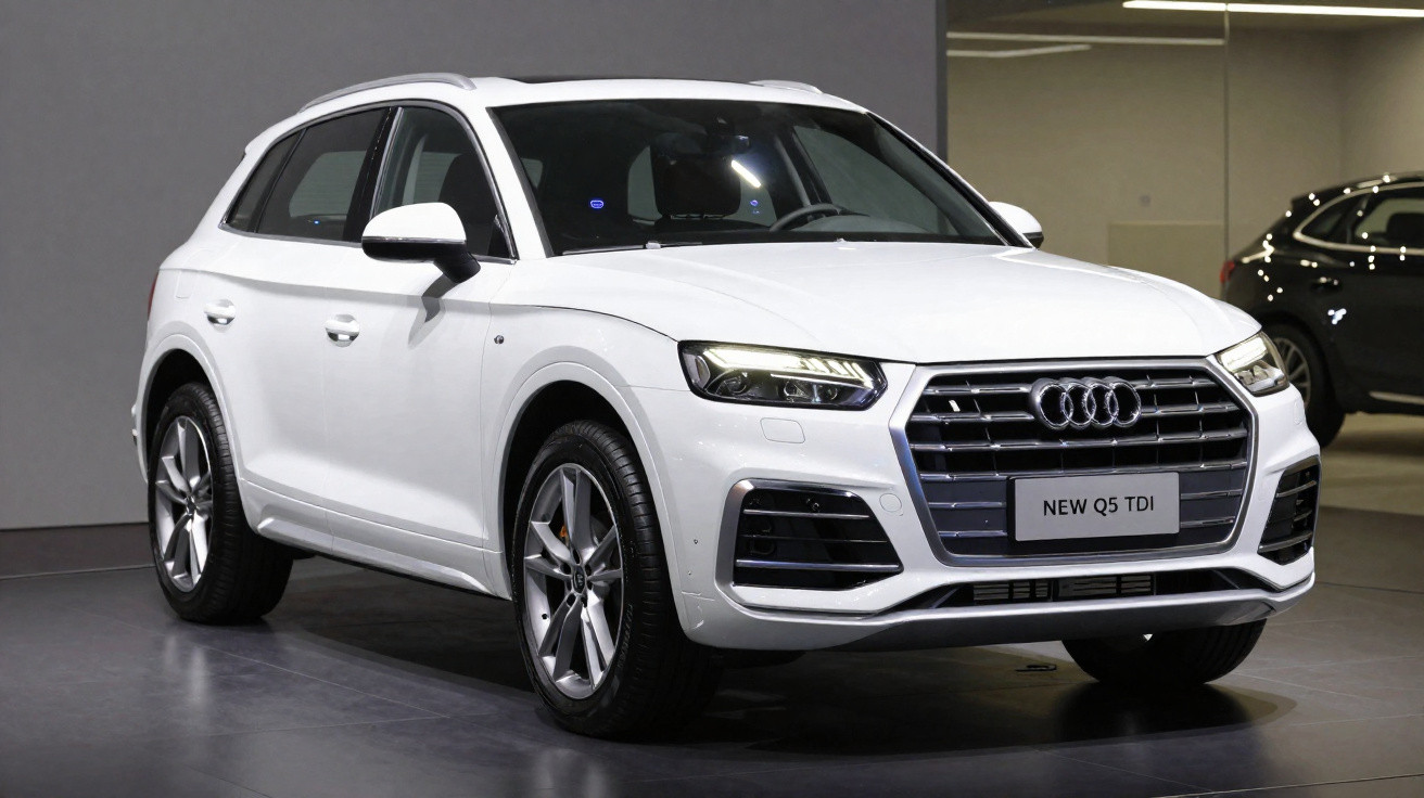 Audi Q5 TDI branco em exposição em ambiente interno com fundo cinza e carro preto ao fundo.