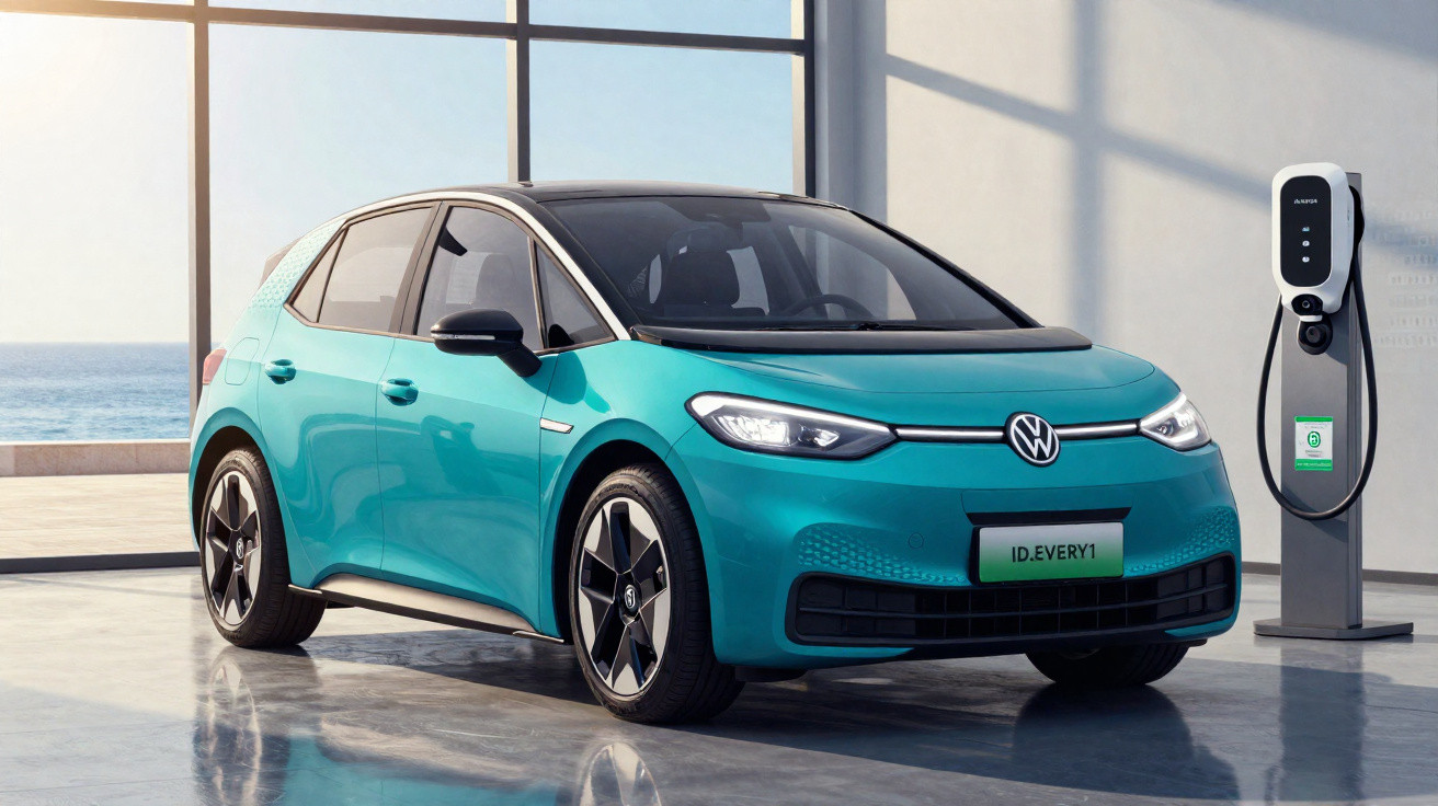 Carro elétrico Volkswagen azul turquesa estacionado próximo a uma estação de recarga em ambiente moderno.