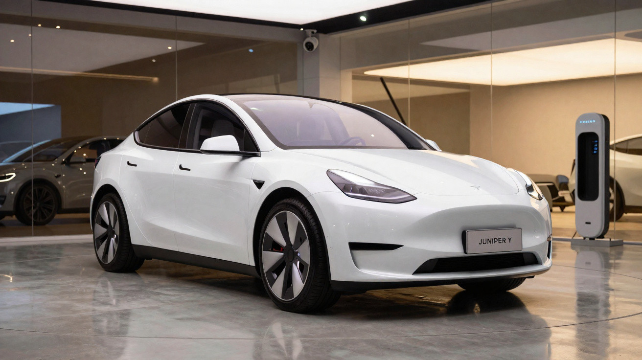 Carro elétrico branco Tesla Model Y estacionado em showroom com piso refletivo e paredes espelhadas.