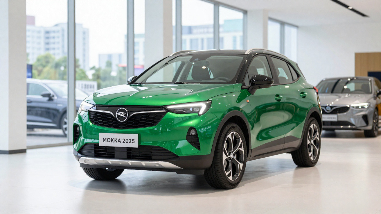 Carro verde modelo Mokka 2025 exposto em showroom com outras duas unidades ao fundo.